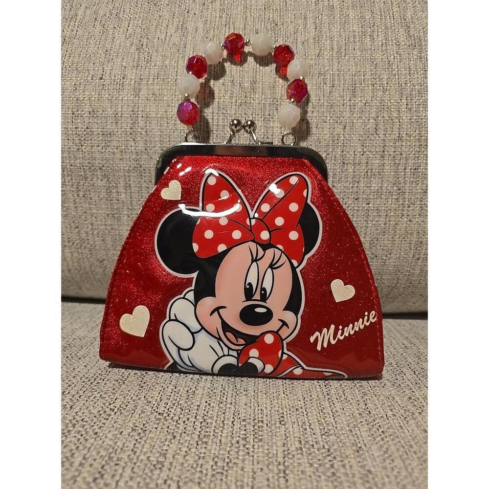 Disney Minnie Mouse Red Glitter Clutch Purse Kiss Lock Beaded Handle Handbag
